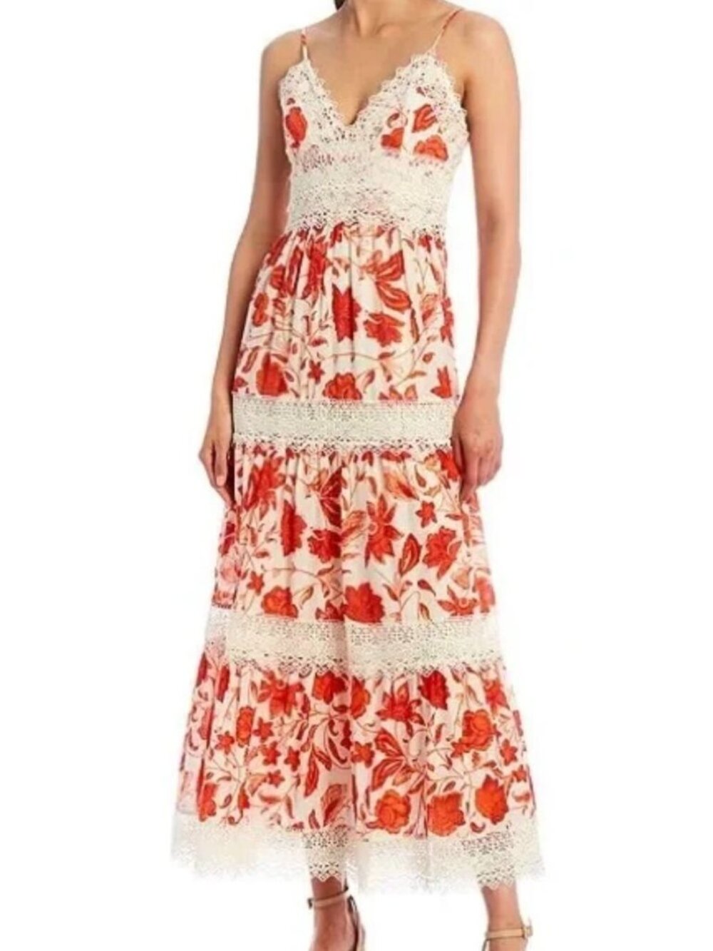 Antonio Melani Floral Lace Maxi Dress Sz 8 Adjustable Straps  Crochet Detailing